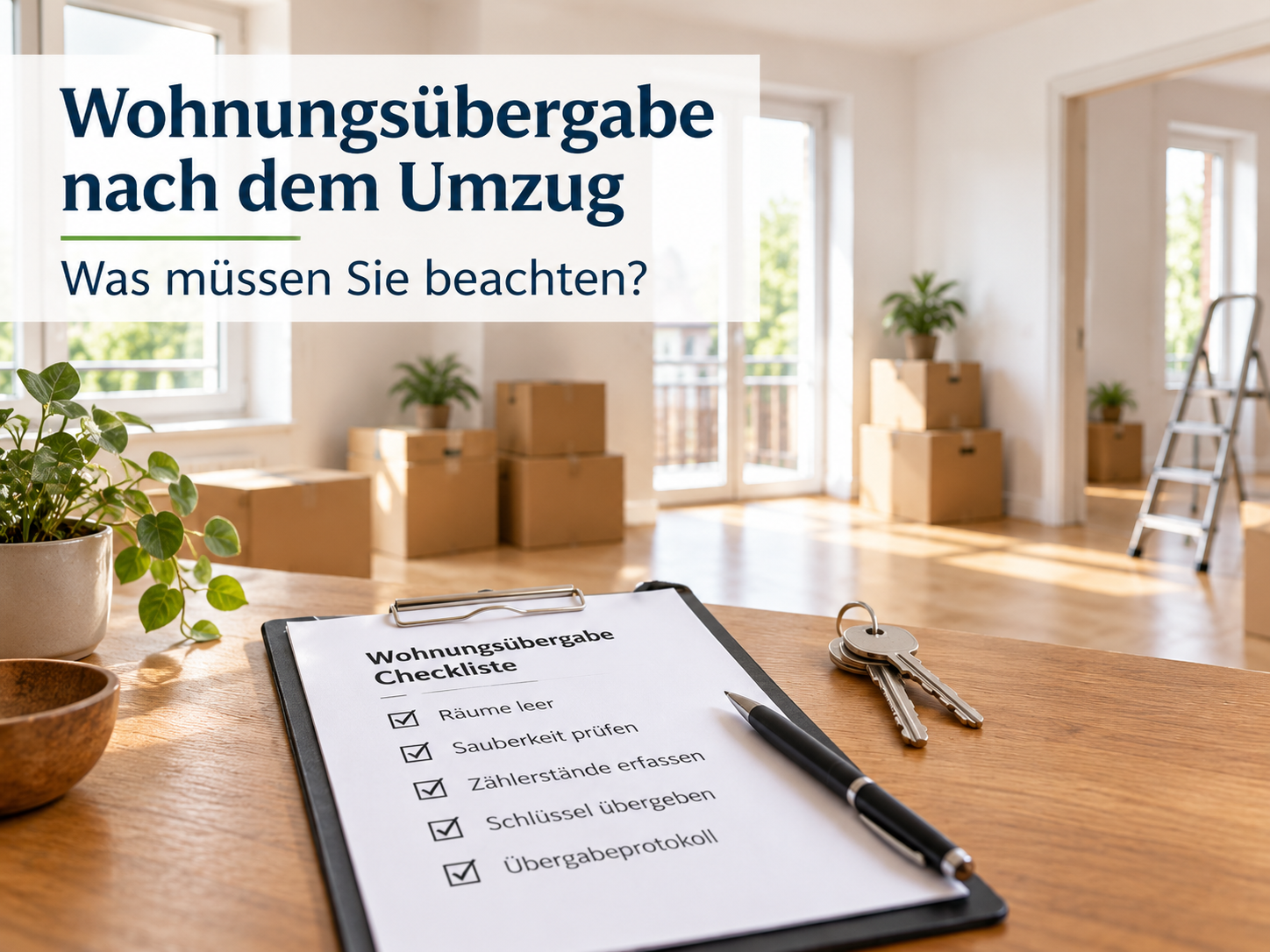 Wohnungsübergabe nach dem Umzug mit Checkliste, Schlüsseln und Umzugskartons